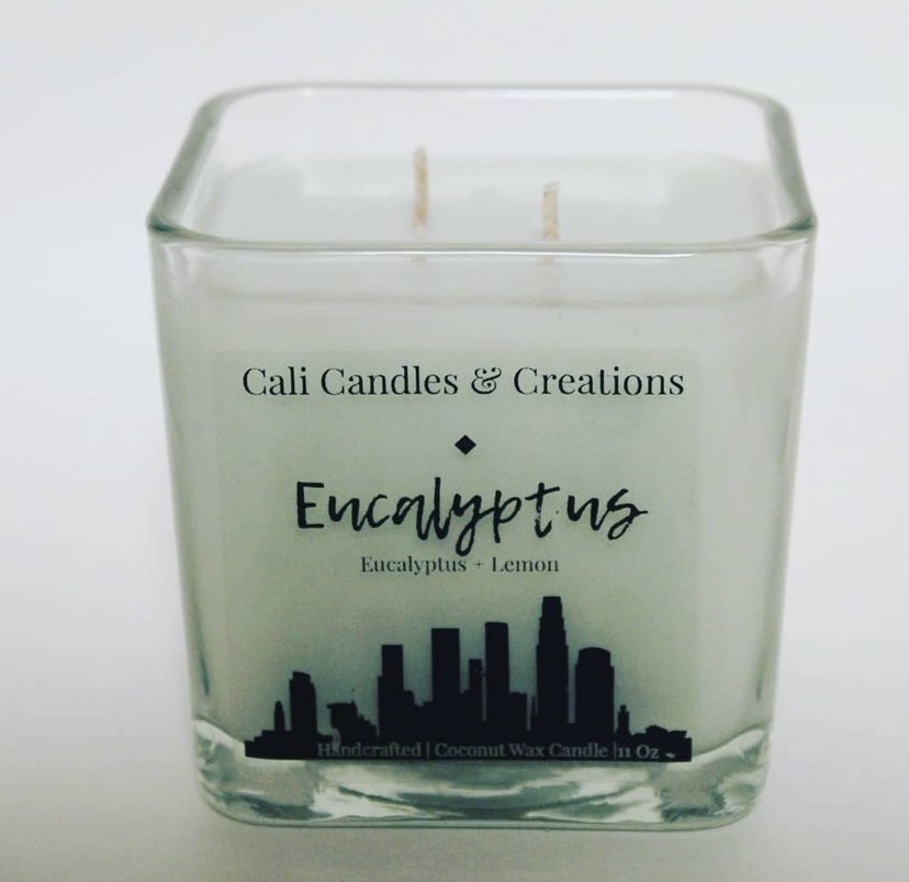 Eucalyptus coconut wax candle in an 11 oz square glass jar